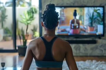 Woman Engaging in Virtual Workout Session in Modern Living Room for Fitness and Wellness