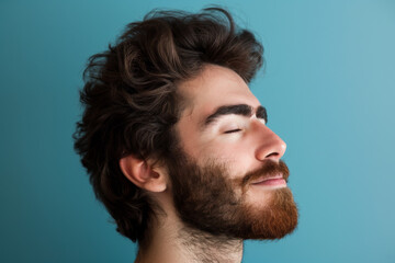 Obraz premium A close up of a man with beard and closed eyes looking to a side