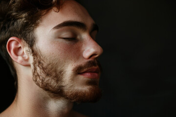 Obraz premium A close up of a man with beard and closed eyes looking to a side