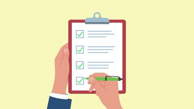 Animation of a hand holding a form with a checklist. The other hand holds a pen and fills out the form. Video drawn in flat style.