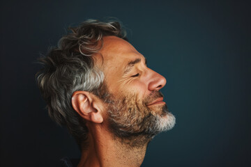 Obraz premium A close up of a man with beard and closed eyes looking to a side