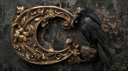 Black raven perched on a rock, set against a backdrop of a large, ornate, golden crescent moon-shaped frame with intricate floral designs