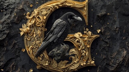 Stylized letter "G" with ornate golden filigree and floral designs, set against a dark, textured background that resembles cracked stone or earth