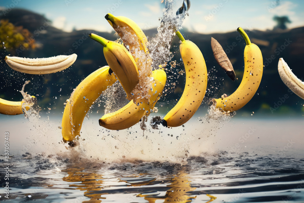 Wall mural fresh bananas with splashes of water, fruit splashing