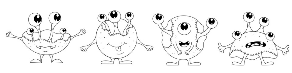 Four monsters with a rounded shape. Black and white funny creatures. A collection of funny horror stories for colouring.   