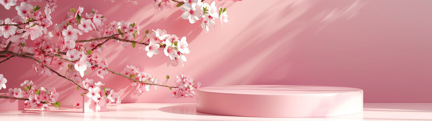 Fototapeta premium pink cherry tree product mock-up for beauty, perfume and fashion items, created with generative AI technology