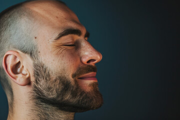 Fototapeta premium A close up of a man with beard and closed eyes looking to a side