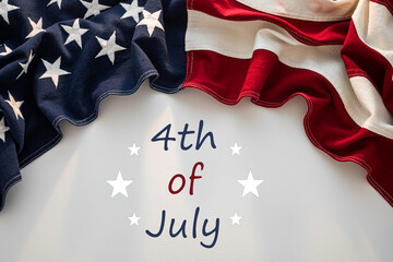 An American flag draped on a white background with 4th of July written in blue and red lettering.