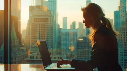 Professional Businesswoman Typing on Laptop in Contemporary Office