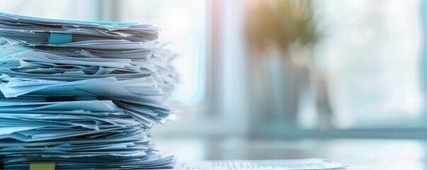 A tall stack of messy papers on a desk with a blurred background, symbolizing office work, paperwork, and organization challenges.