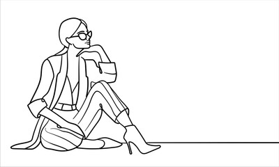 Stylish girl with glasses in costume continuous line art drawing isolated on white background. Glamour, elegance, fashion lady. Vector illustration