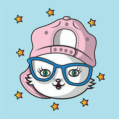 cute cat head wearing hat and glasses