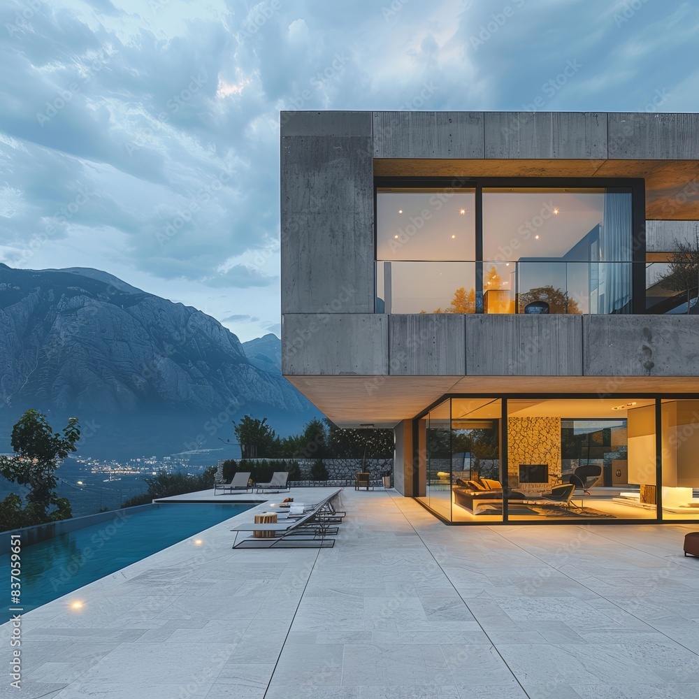 Wall mural This contemporary architecture masterpiece is an ideal wallpaper showing a luxurious house with infinity pool and mountain backdrop