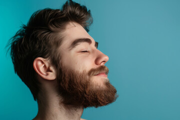 Obraz premium A close up of a man with beard and closed eyes looking to a side