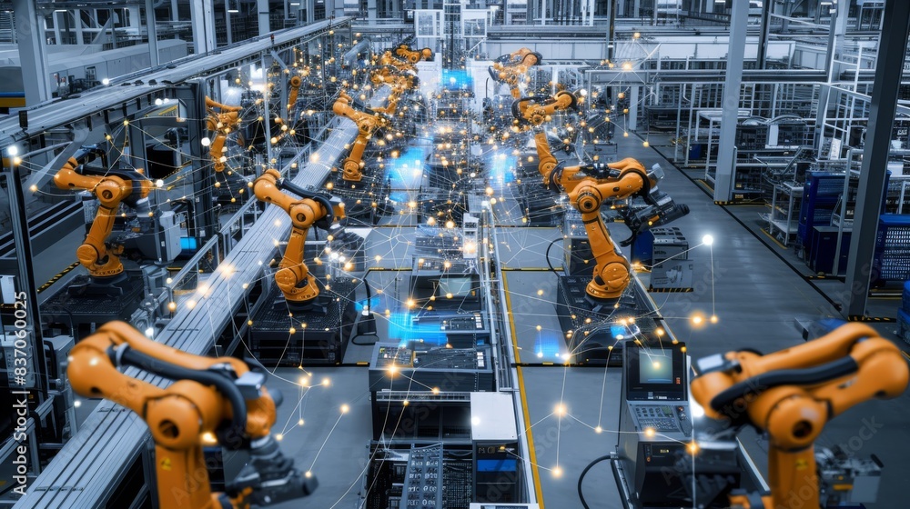 Poster smart manufacturing: image of a factory floor with connected devices and robots optimizing productio
