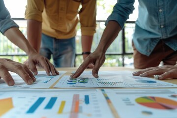 Fototapeta premium Group of business people working together on new project with planning analytical report at meeting. Businesspeople meeting together pointing to graph assess business profits.