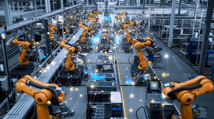 Smart Manufacturing: Image of a factory floor with connected devices and robots optimizing production processes using data analytics --no text --ar 16:9 --quality 0.5 Job ID: 5e1f0183-56e3-40f9-83f2
