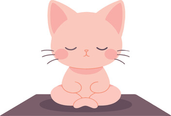 Illustration of a Pink cat meditating with closed eyes on black surface in lotus position