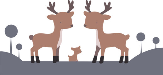 Illustration of two Cute deers and a baby deer in a field
