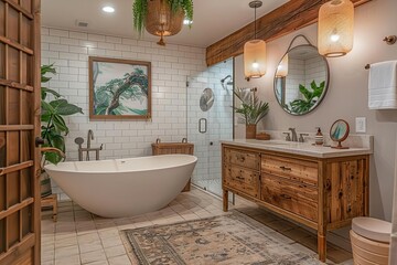 An elegant Asianinspired bathroom with white tile walls and bamboo flooring The room features a freestanding bathtub