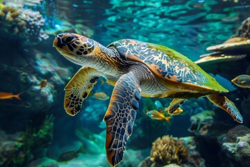 Fototapeta premium Vibrant underwater ecosystem with various marine creatures and a majestic turtle