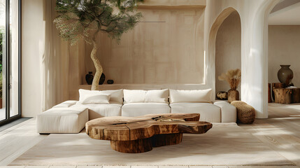 Beige luxury sofa and rustic live edge coffee table in spacious room. Minimalist home interior design of modern living room in villa