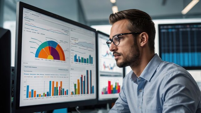 Male data analyst looking at a bunch of data Visualisation and various type of graphs on computer screens