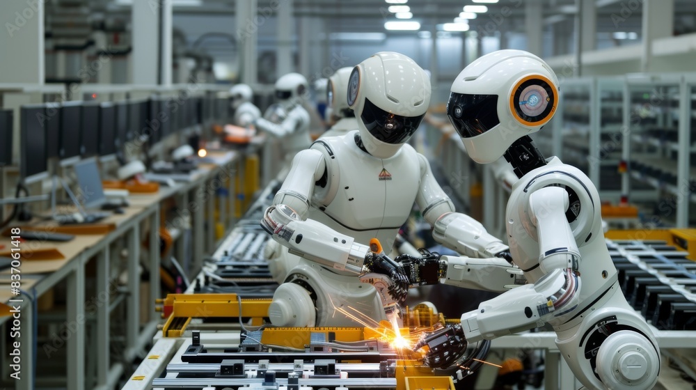 Poster the future of manufacturing: a factory scene where robots work with humans to perform complex assemb