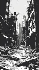 Obraz premium Melancholic Remnants: A Surreal Depiction of an Abandoned Cityscape (4K Wallpaper，Ruins, city, desolation, decadence, ink style, black and white, stylized, depressed economy, old, desolate, 4k high-de