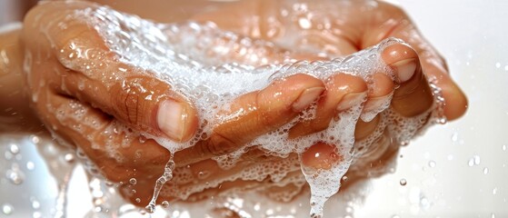Fototapeta premium Close-up of hands with soap and water, demonstrating proper handwashing technique for hygiene and cleanliness. Foam and bubbles in focus.