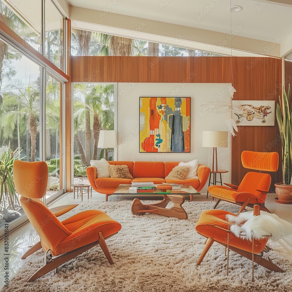 Sticker Vibrant mid-century modern living room with abstract art, perfect for wallpaper or background best-seller images