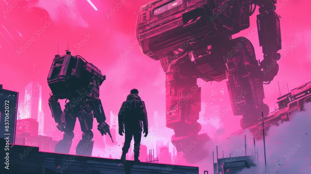 Poster the future of manufacturing: a factory scene where robots work with humans to perform complex assemb