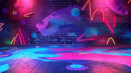  vibrant floor and wall background with neon accents and bold graphics for a lively promotion ad.