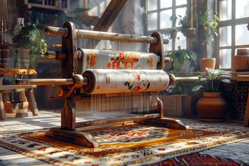 Traditional loom with colorful embroidery in sunlit workshop