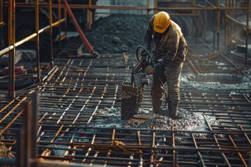Construction worker operating concrete pump at construction site during building project