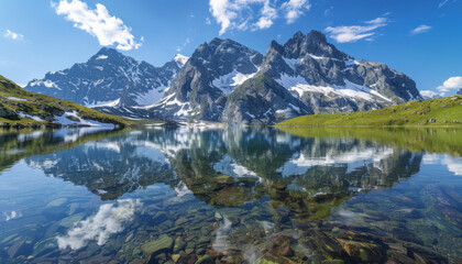 A beautiful mountain lake with a reflection of the mountains in the water