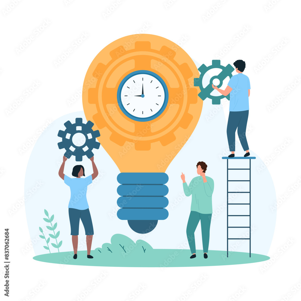 Aufkleber creative time management ideas, workflow setup. tiny people with gears customize clock inside bright