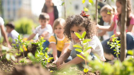 a detailed image of a group of children and adults planting trees in an urban area as part of a community greening initiative, Environmental actions, climate marches, protect the e