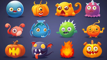 Asset of Mobile game, Halloween, slot game isolation on dark background, Illustration
