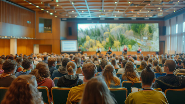 a  of a large seminar hall filled with attendees listening to a keynote speaker discussing innovative solutions to combat climate change, with a presentation screen i