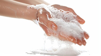 Fototapeta premium Hands washing with soap and water, creating foamy bubbles, promoting hygiene and cleanliness on a white background.