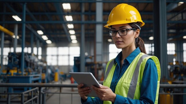 Female chief engineer in modern industrial factory using tablet and making audit