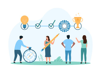 Task organization with infographic timeline chart. Tiny people with pencil and timer mark process milestones, check progress with light bulb and tick, gear and award cartoon vector illustration