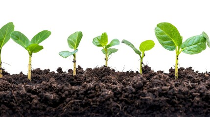 Row of young green plant seedlings sprouting in fertile soil, showcasing growth, agriculture, and nature on a white background.