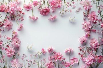 Obraz premium Blooming spring flowers art background with frame, nature floral wallpaper for design projects