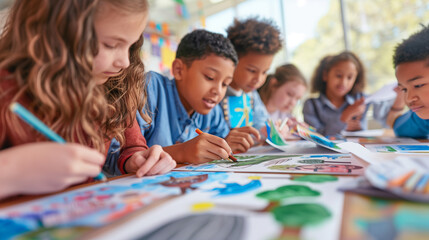 a close-up image of a diverse group of students creating posters for a climate change awareness campaign, featuring drawings and facts about global warming, Education, Environmenta