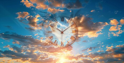 The background is the sky with clouds, time concept, closeup of clock face with hands moving from left to right at sunset. This visual metaphor emphasizes importance for healthy lifestyle and selfcare