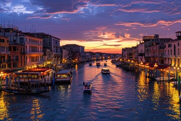 Obraz premium Venice night panorama. beautiful cityscape, grand canal view, romantic water trip, italy