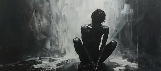 Silhouette of malnutrition person. Burnout unhappy mental health. Generative AI technology.	
