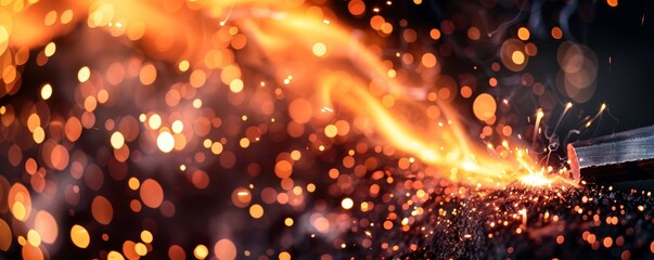 Fototapeta premium Sparks and flames in an industrial setting, depicting intense heat and energy, perfect for themes related to industry, fire, and energy.